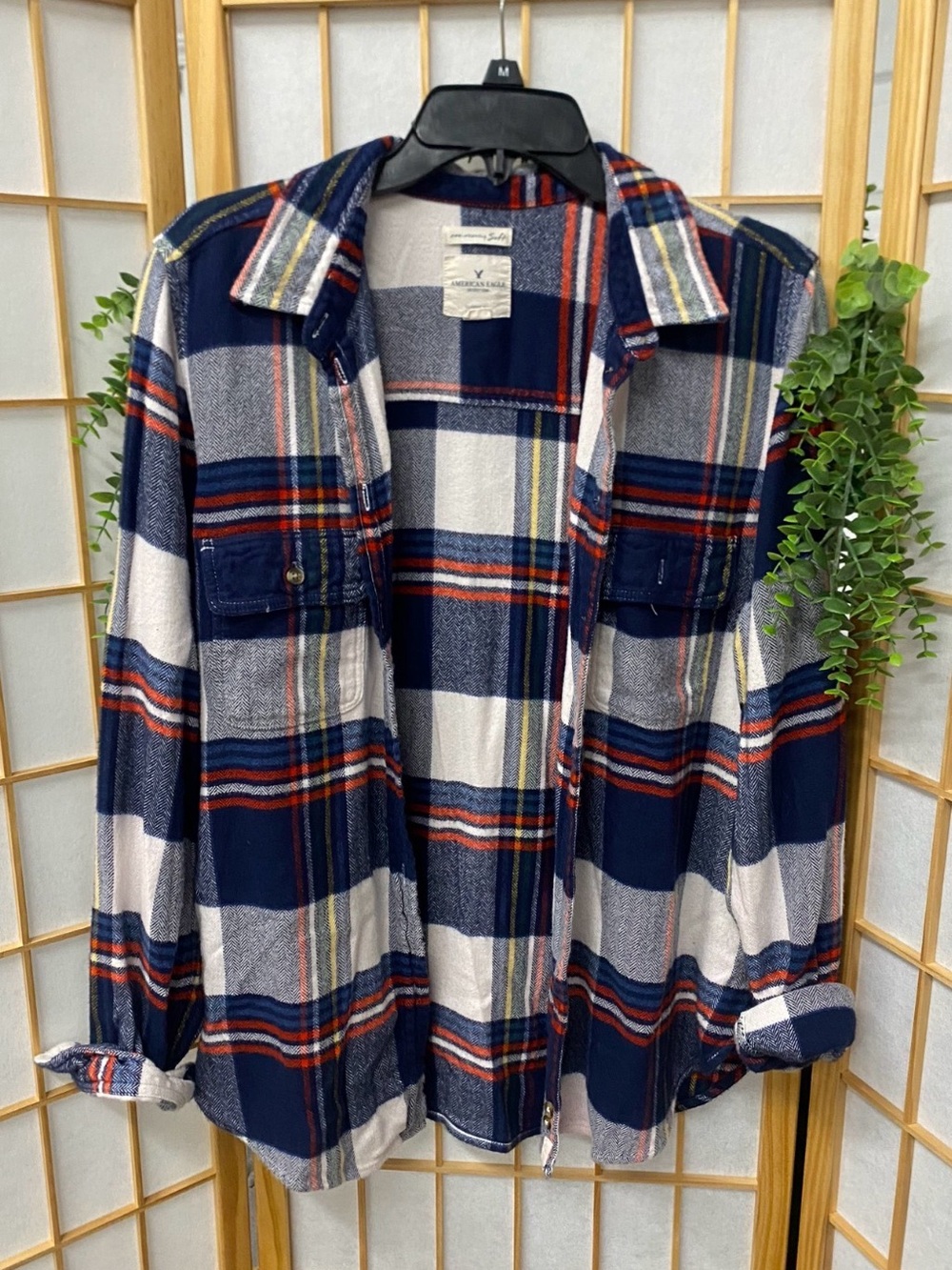 American Eagle Outfitters Navy Plaid Button-Down Shirt